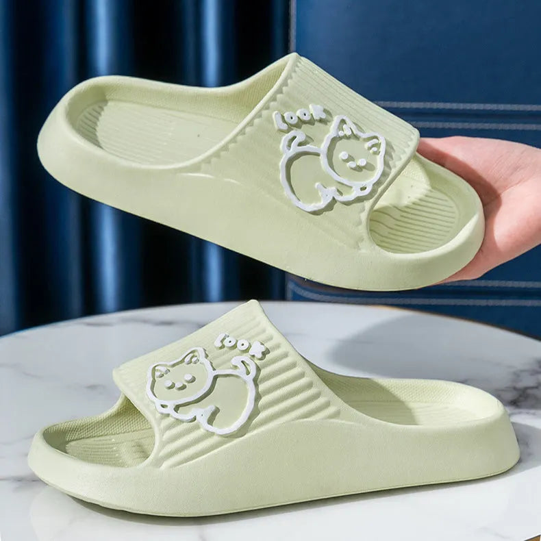Women's EVA platform slides with cat design in multiple colours on a non-slip sole.