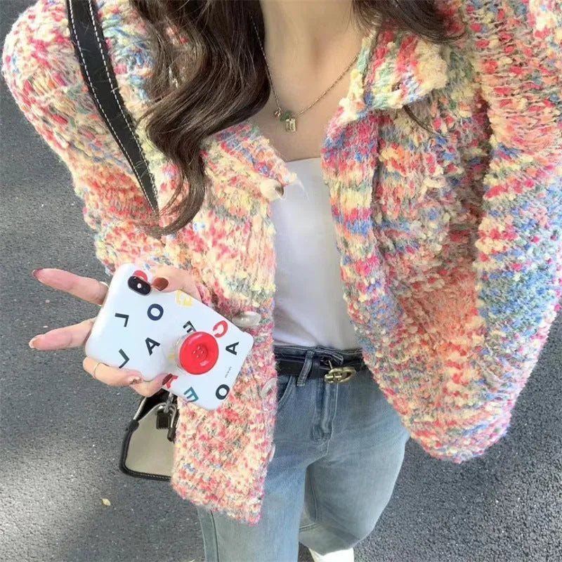 Retro style knitted cardigan in pink and green colours with slim fit design