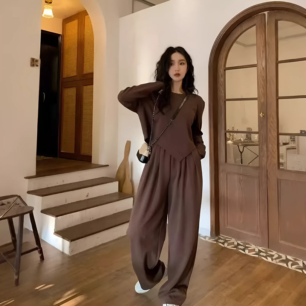 Women's khaki loose-fit casual sports suit with long sleeves and trousers