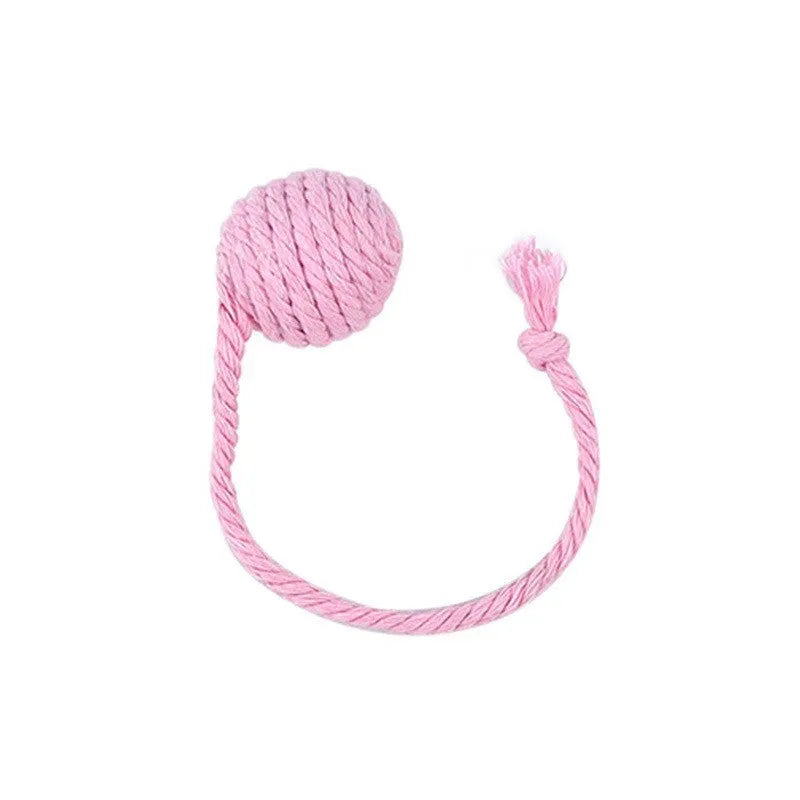 Colourful cat toy ball with rope handle and internal bell in small and medium sizes