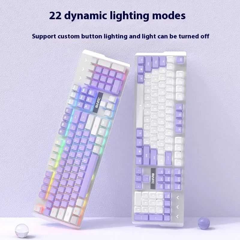 Purple and white mechanical keyboard and mouse wired gaming bundle with backlit keys