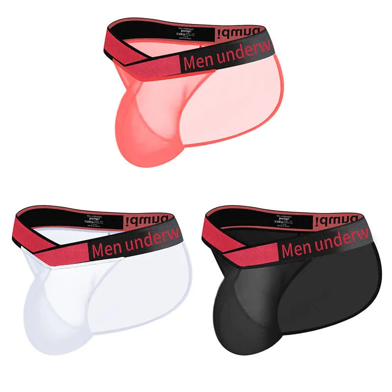 Men's transparent ice silk breathable briefs with large V gradient high fork design in black colour