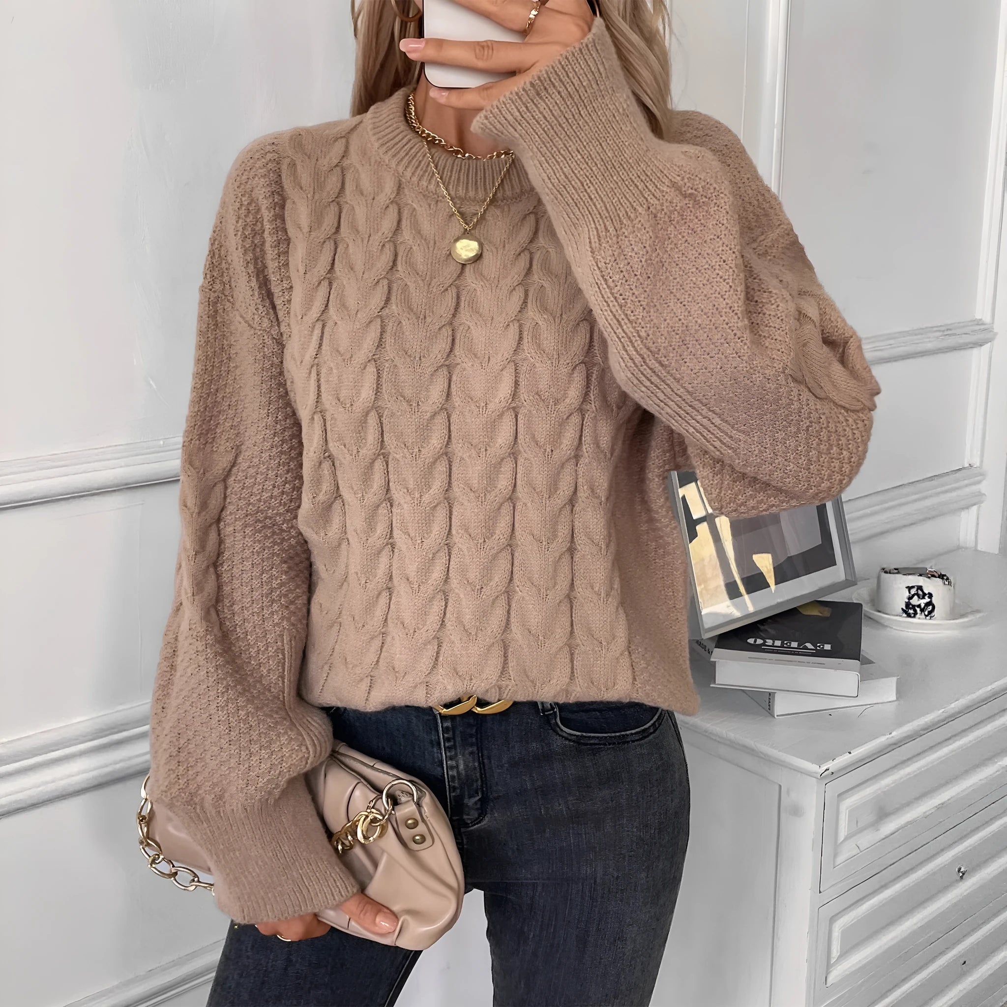 Women's loose casual sweater with twist detail in solid khaki colour