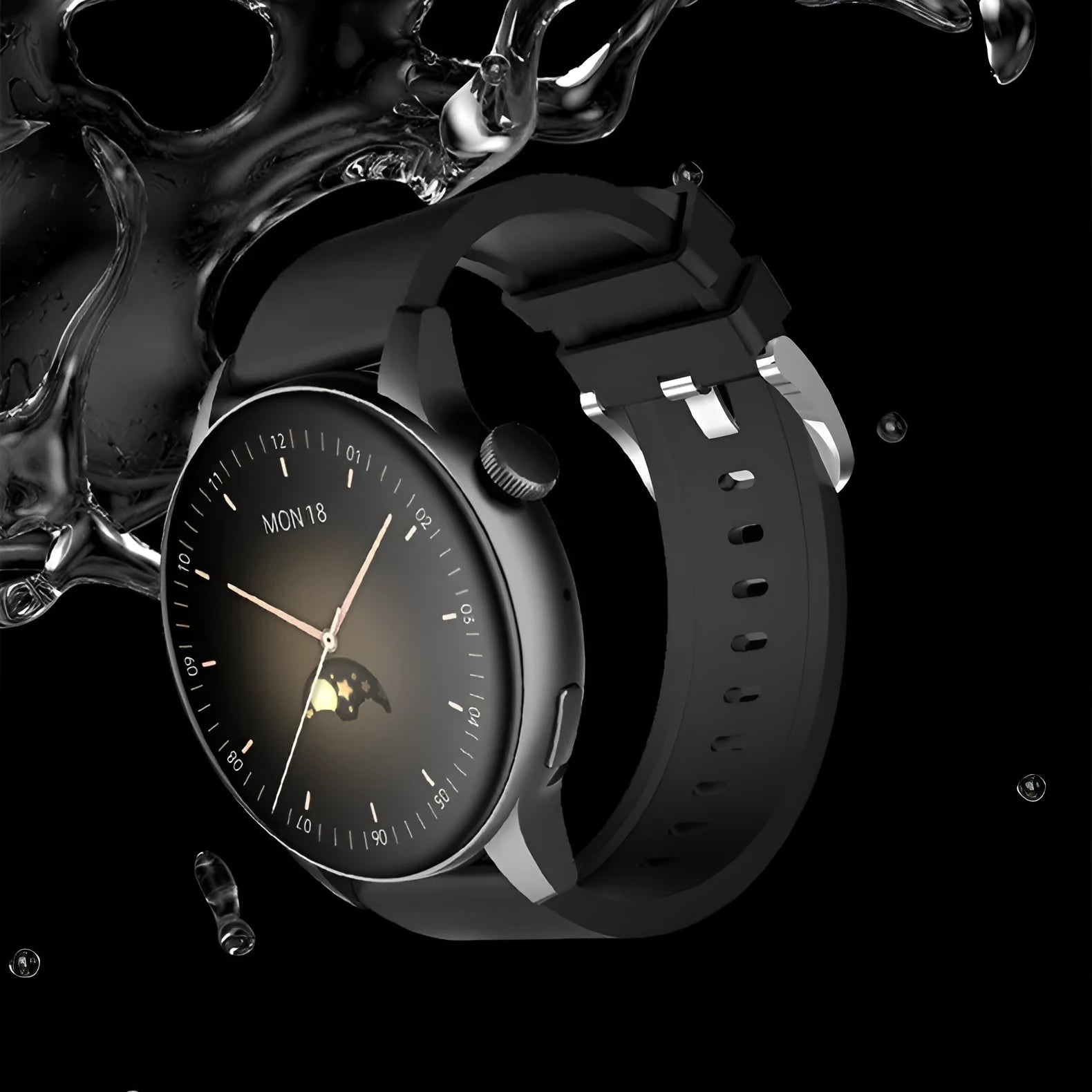 Square stainless steel smart watch with a colour touchscreen on a wrist, shown in black, pink, and silver colour options.