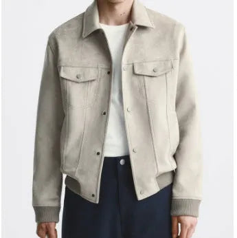 Women's light grey suede velvet commuter jacket with long sleeves and a British-style cut.