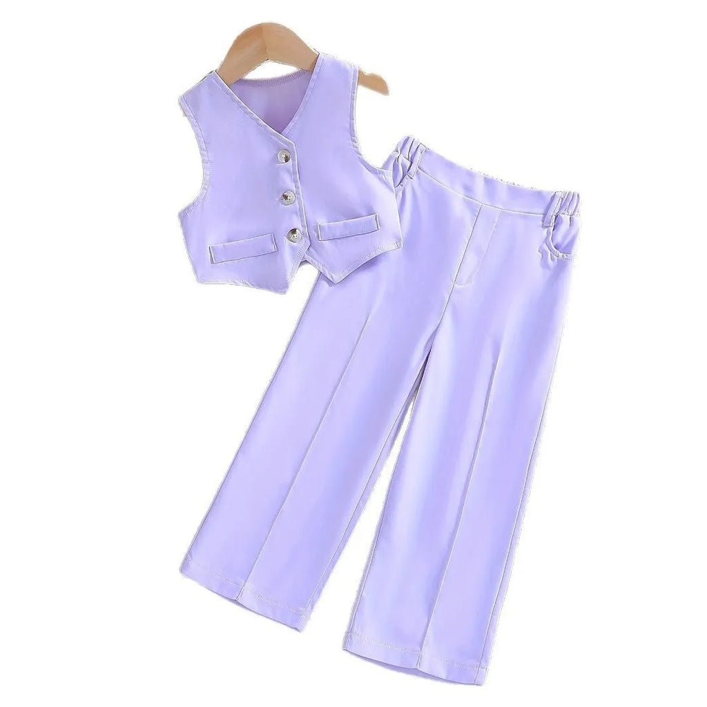 Children's summer casual solid colour polyester vest two-piece set for girls in light blue