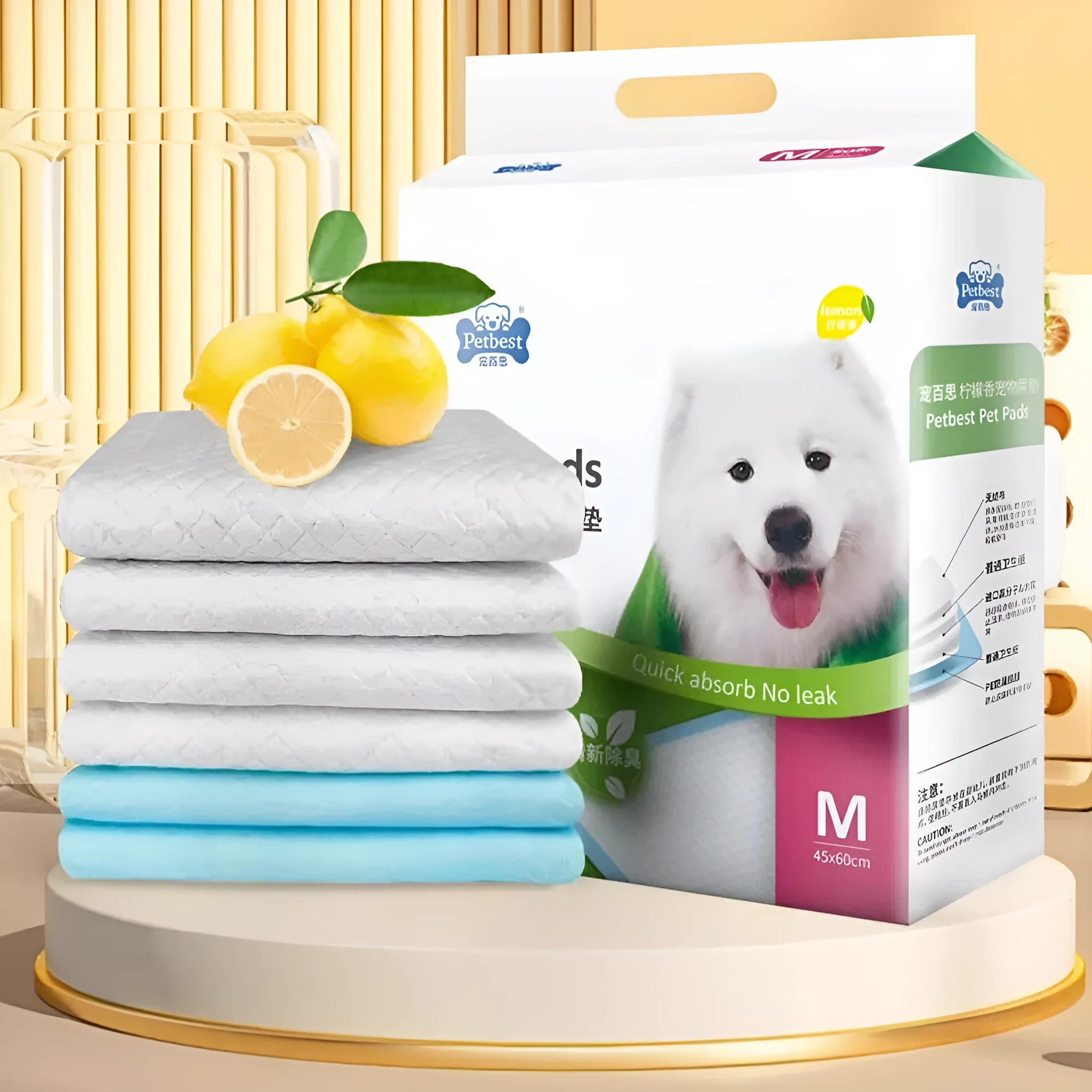 Pack of disposable dog urine pads showing size options S M L XL and variants like bamboo charcoal and adhesive type.