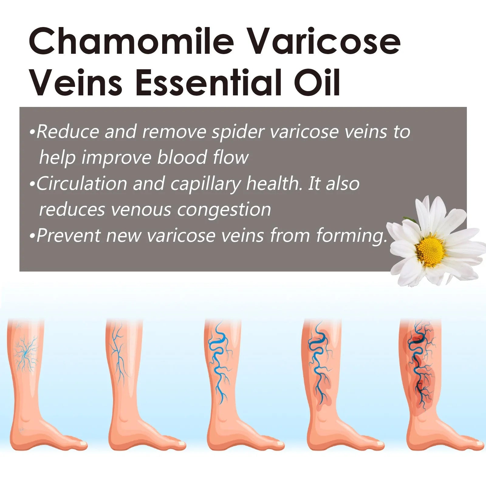 Chamomile leg essential oil bottle containing 10ml of pure chamomile oil for massage