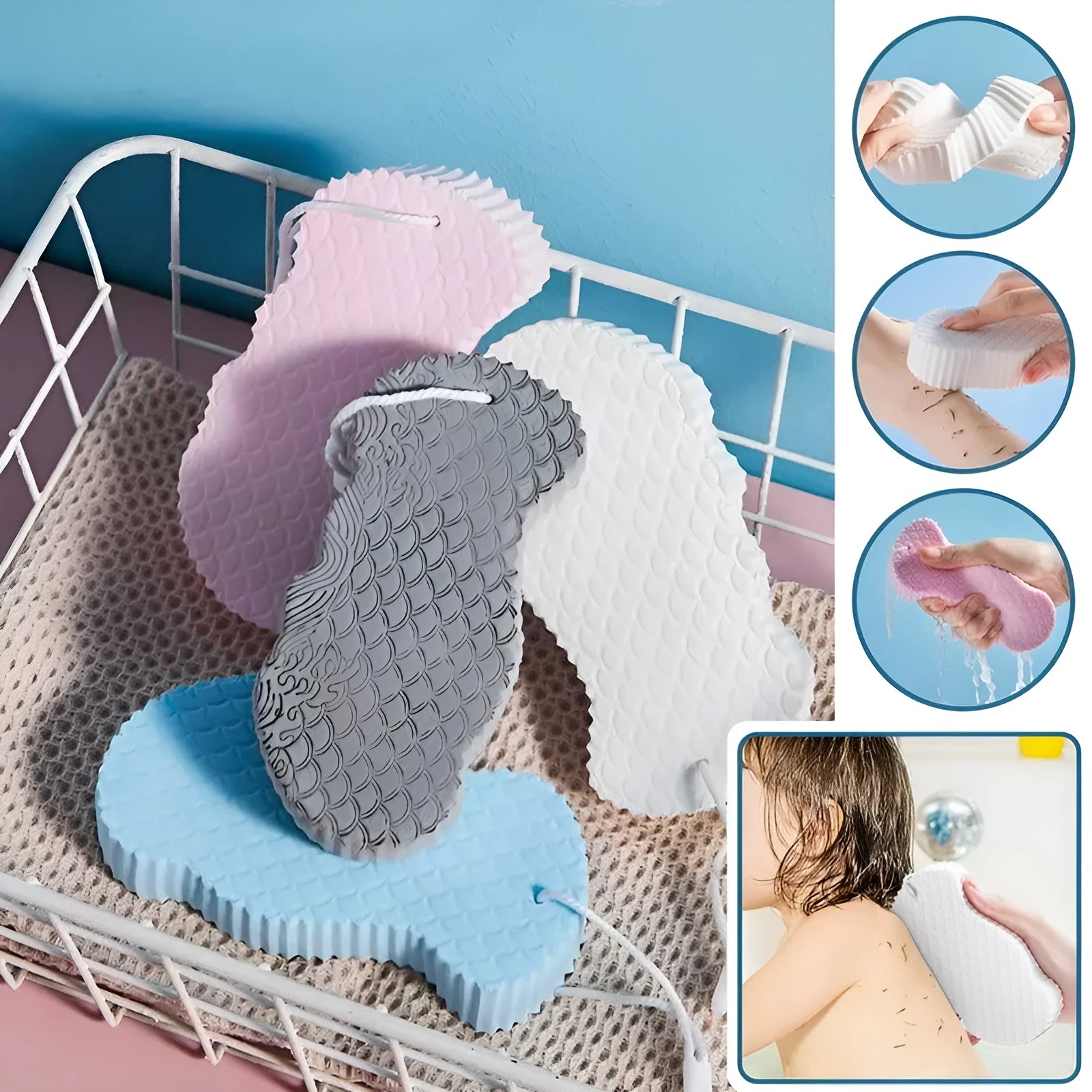3D white bath sponge with fish scale pattern for gentle body exfoliation.