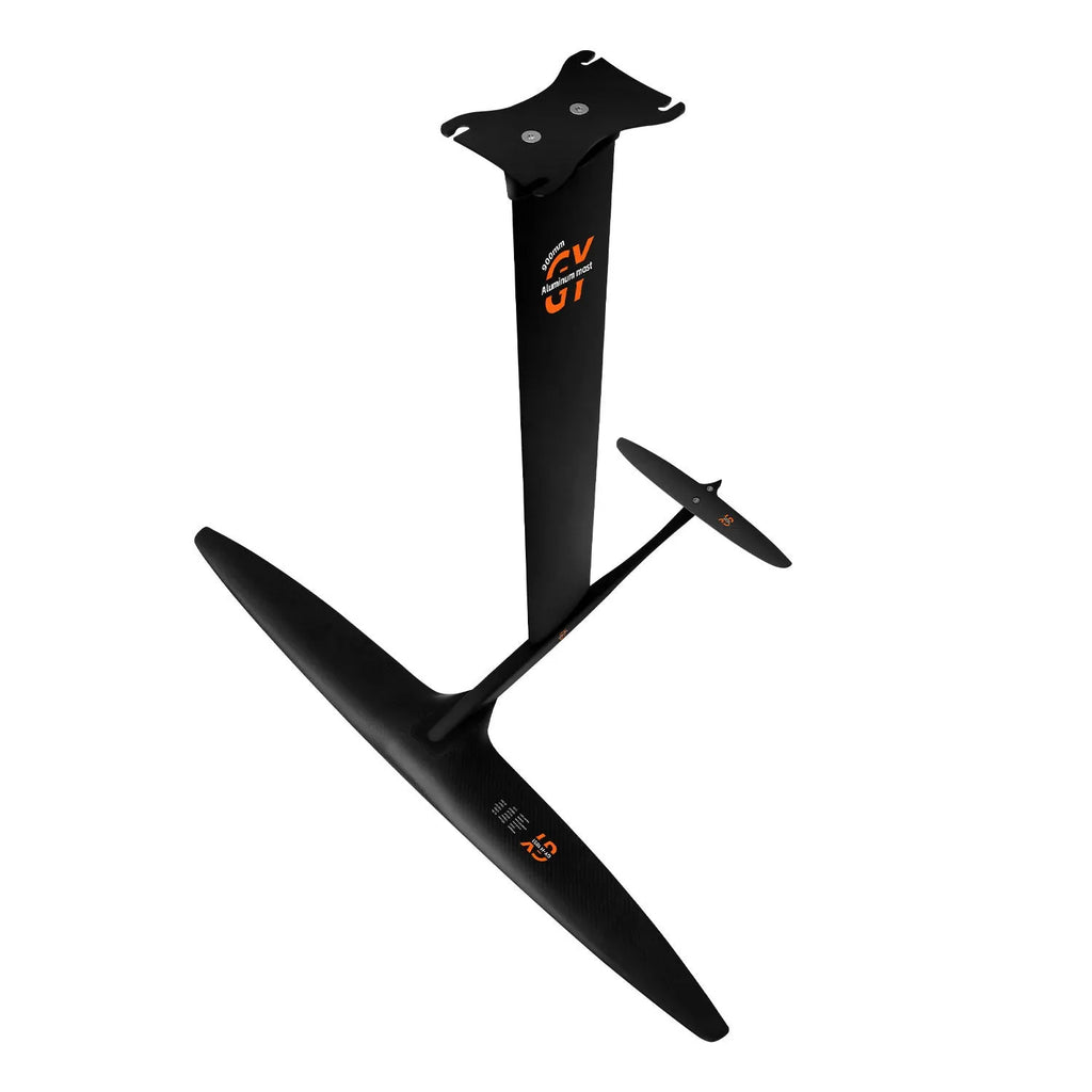 Black carbon fibre racing hydrofoil surfboard with 1051mm front wing
