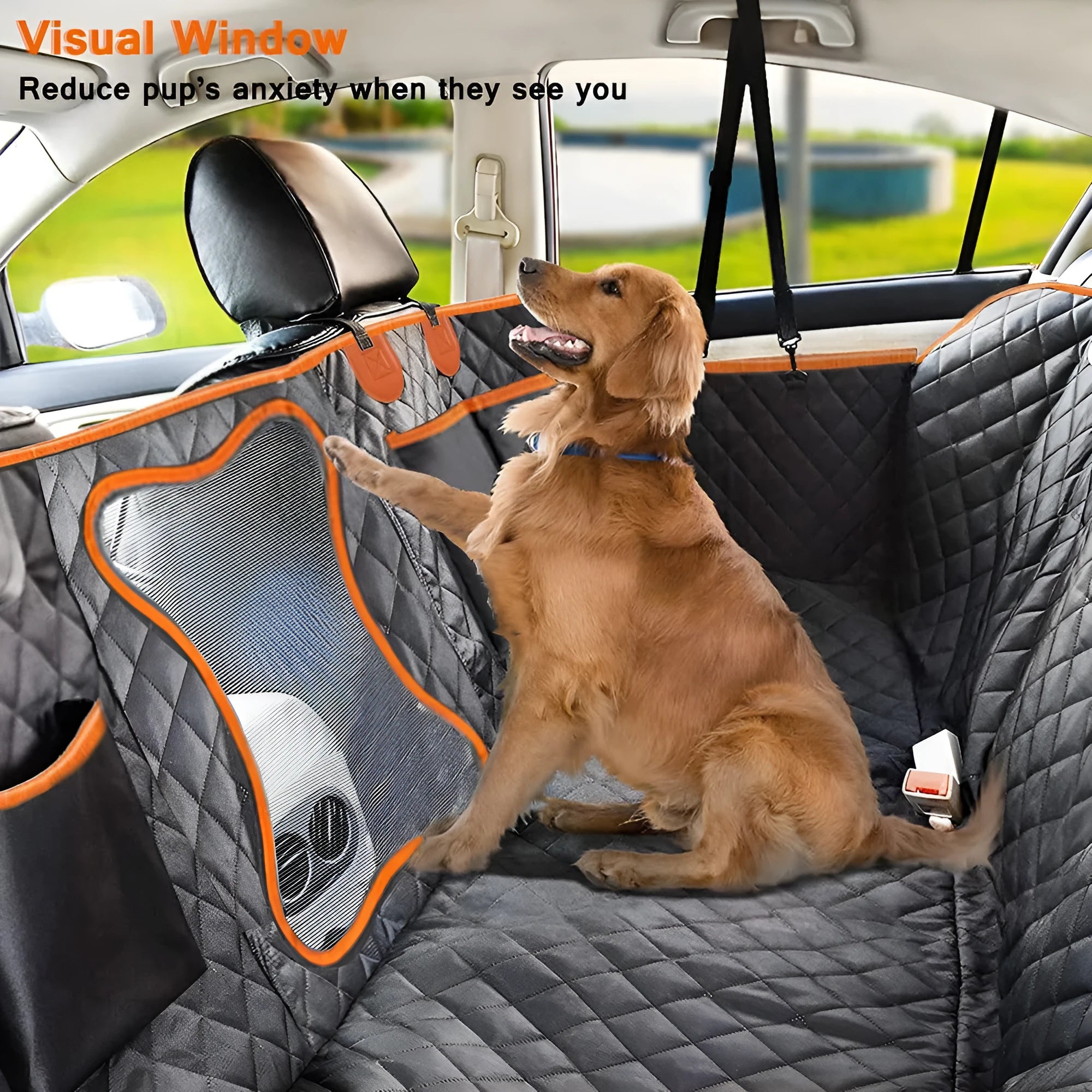 Black and orange edge waterproof dog car seat cover with mesh window and storage pocket on a car rear seat.