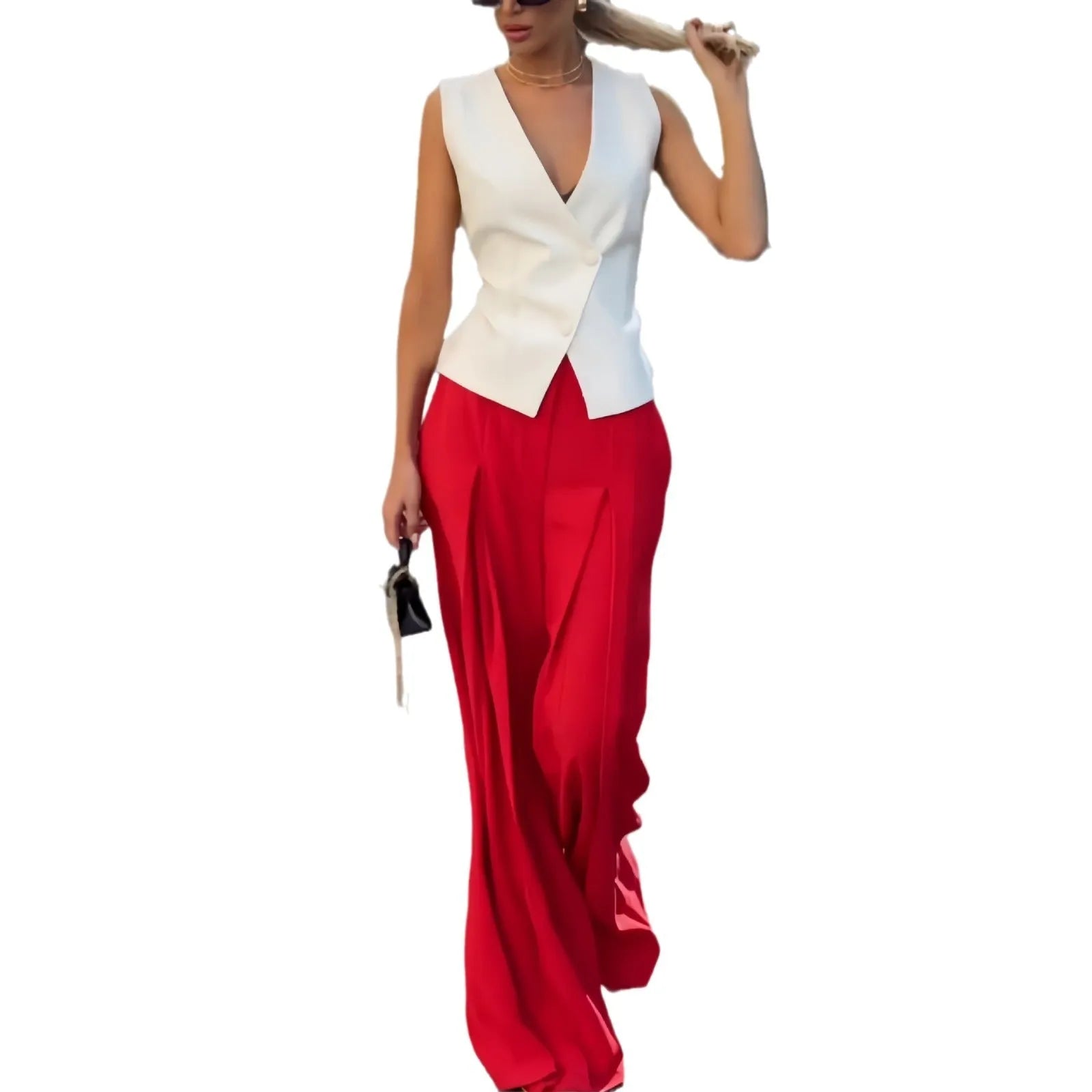 Women's beige two-piece set with deep V-neck sleeveless top and high-waisted wide-leg trousers.