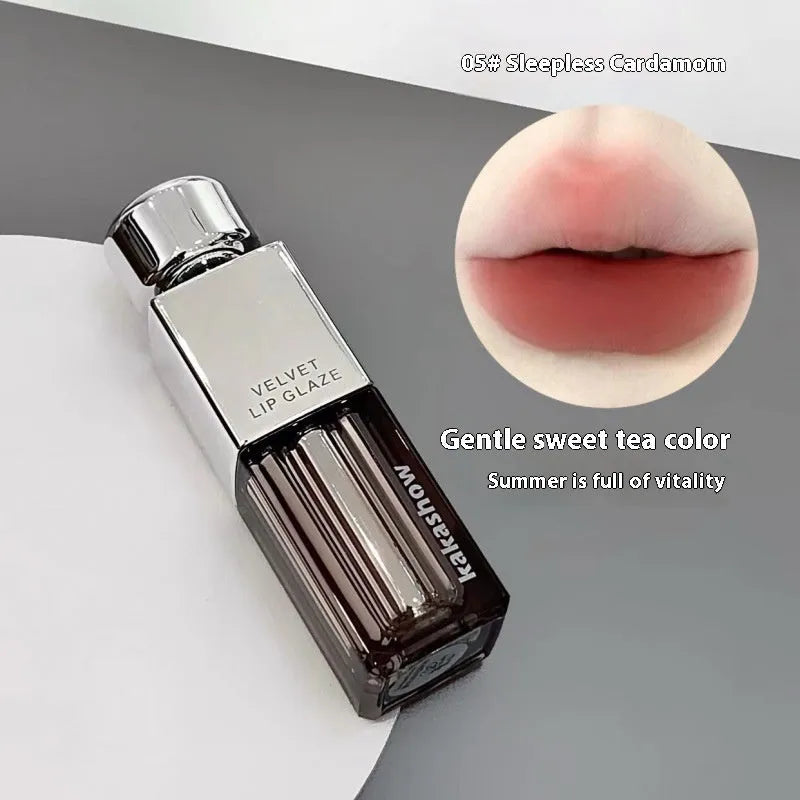 Matte soft mist lipstick in six colour options showing velvet finish and 1.8g net content