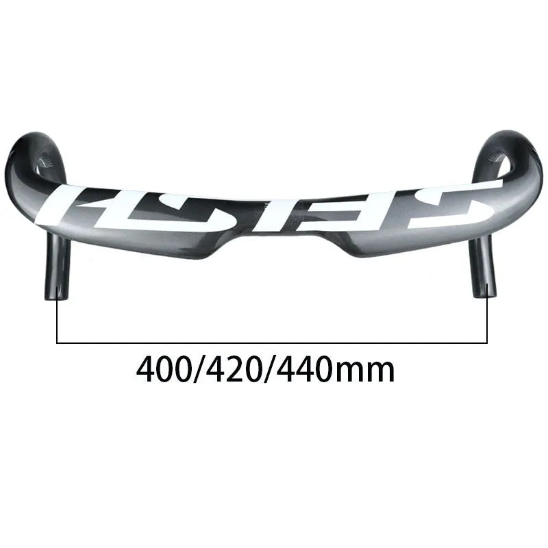 Carbon fibre road bike drop handlebar showing bend profile, available in multiple widths and light colour finishes.