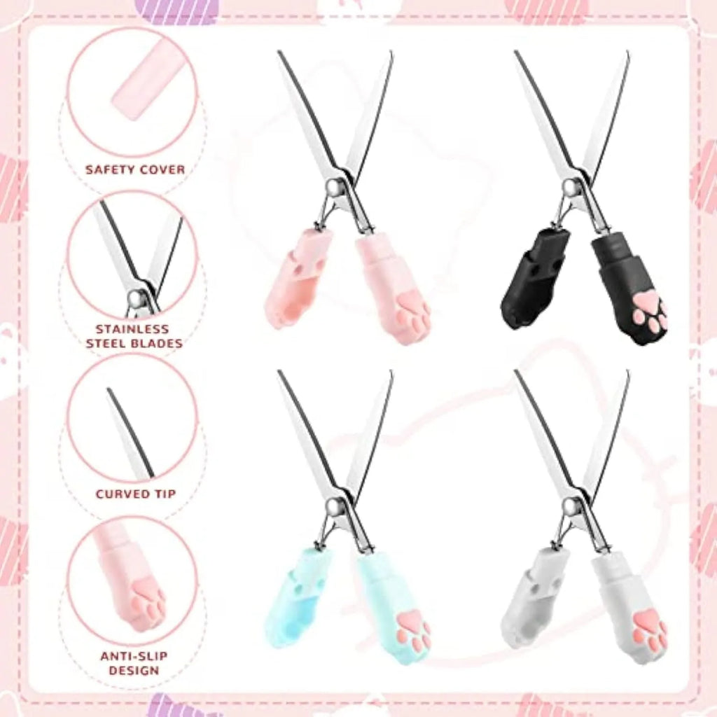 Closed cat paw design folding scissors showing stainless steel blades and handles in one of four colours.