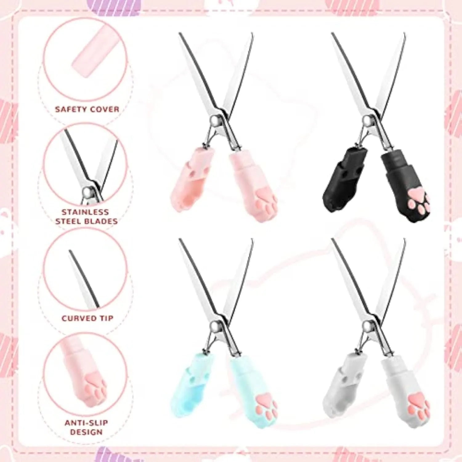 Closed cat paw design folding scissors showing stainless steel blades and handles in one of four colours.