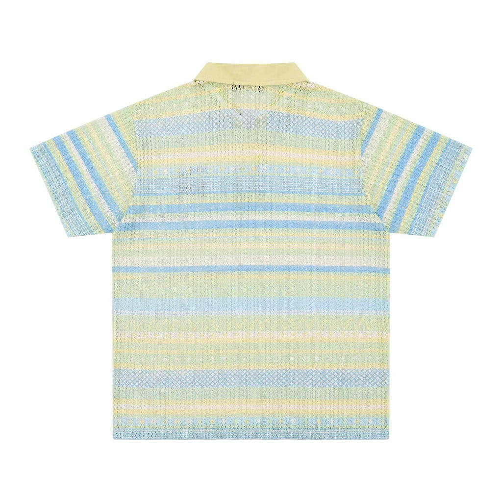 Men's blue printed short sleeve shirt with elastic fabric on display