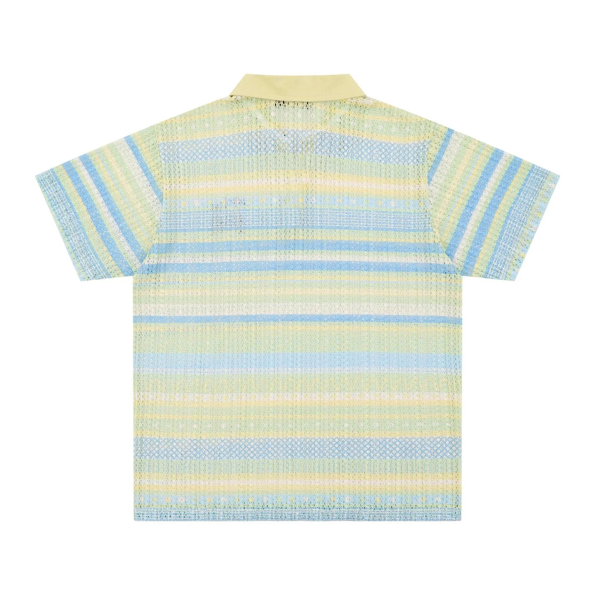 Men's blue printed short sleeve shirt with elastic fabric on display
