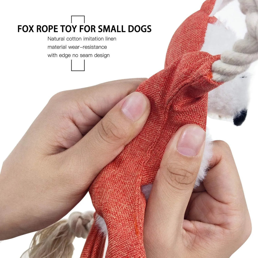 Brown fox-shaped dog toy with embroidered eyes, rope arms and legs, labelled as a squeaker and crinkle toy.