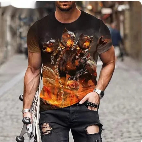 Men's grey t-shirt with a fierce 3D lion graphic print on the front