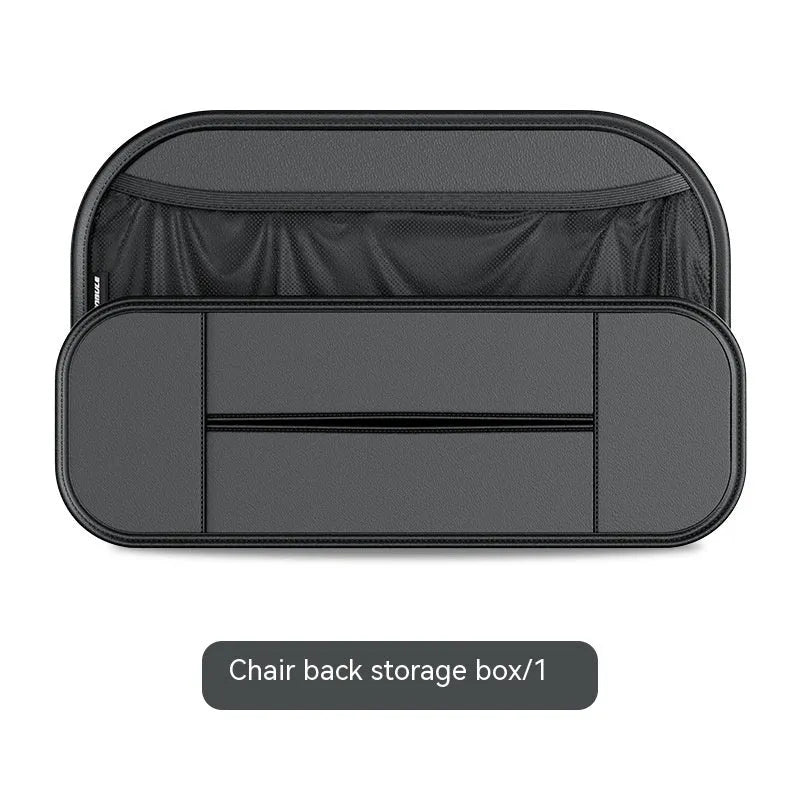 Black leather car seat rear storage bag attached to a vehicle seat, showing its storage box shape.