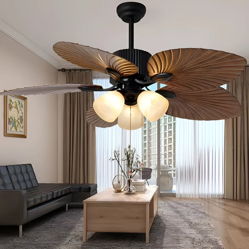52-inch retro-style ceiling fan light with wooden blades and integrated LED lighting