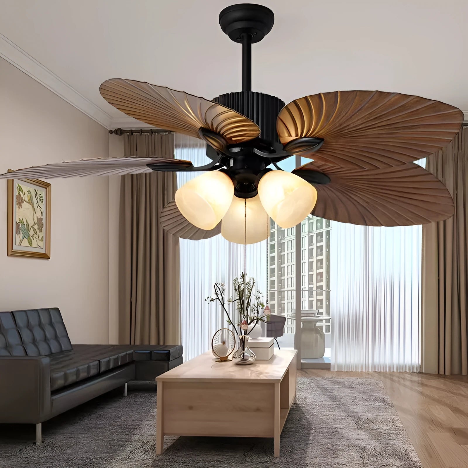 52-inch retro-style ceiling fan light with wooden blades and integrated LED lighting