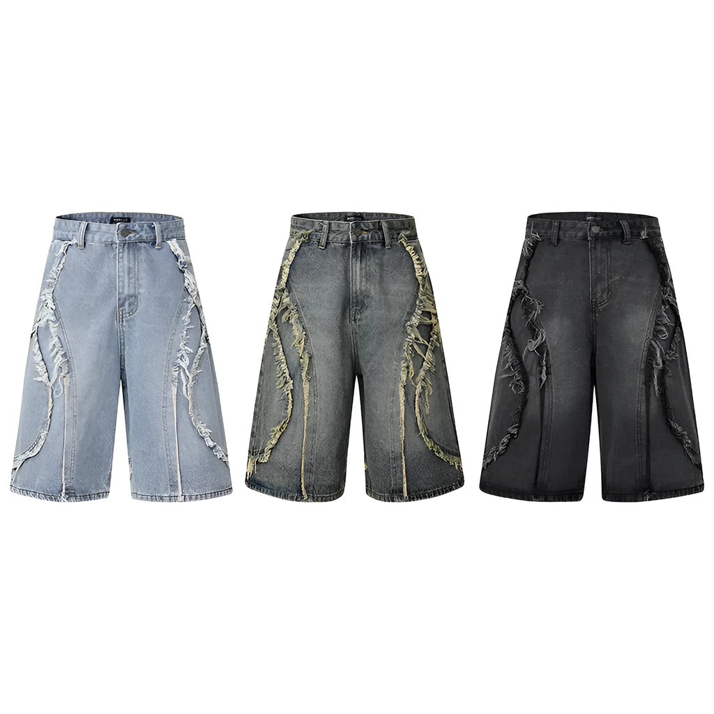 Men's distressed raw edge denim shorts in straight leg cut with cropped length