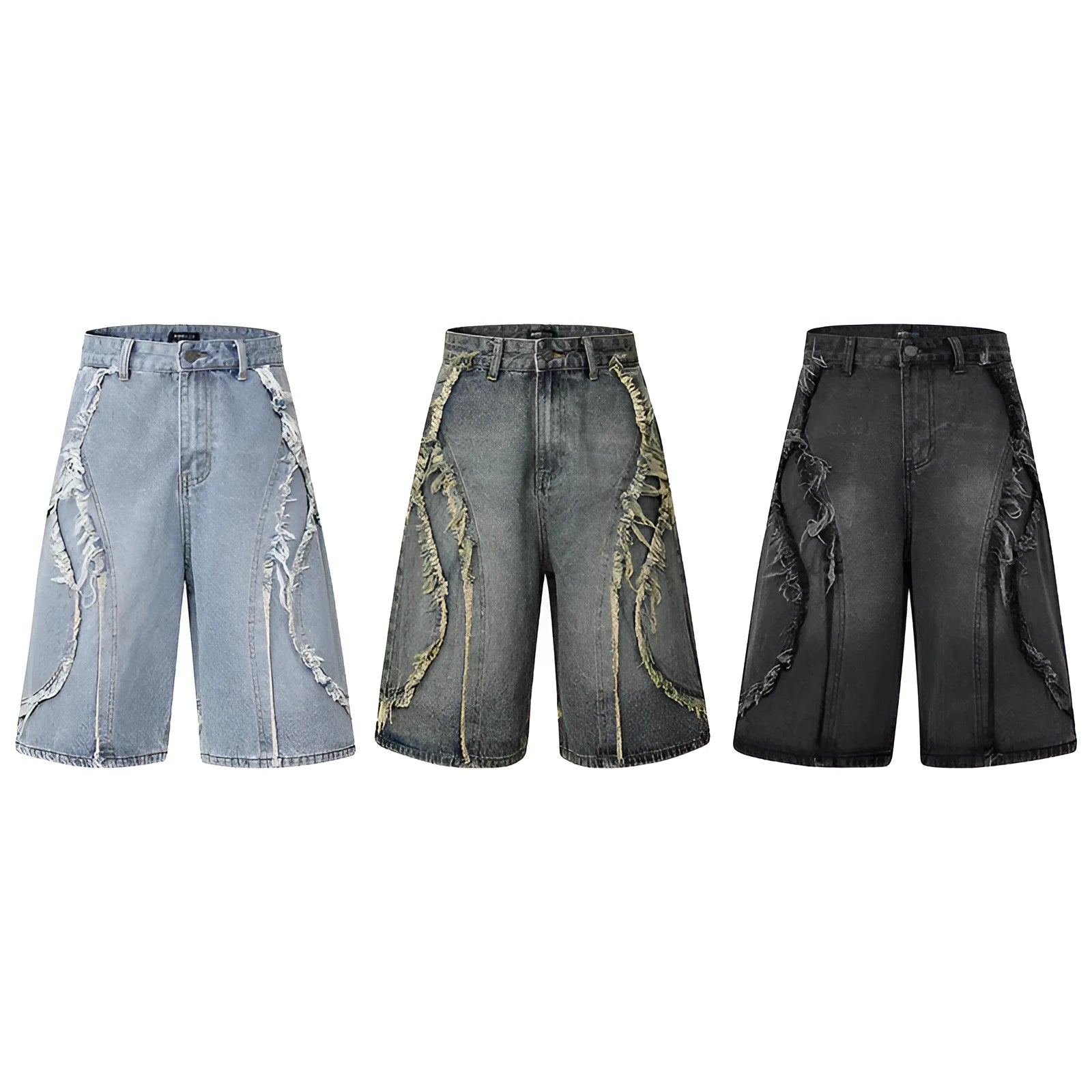 Men's distressed raw edge denim shorts in straight leg cut with cropped length