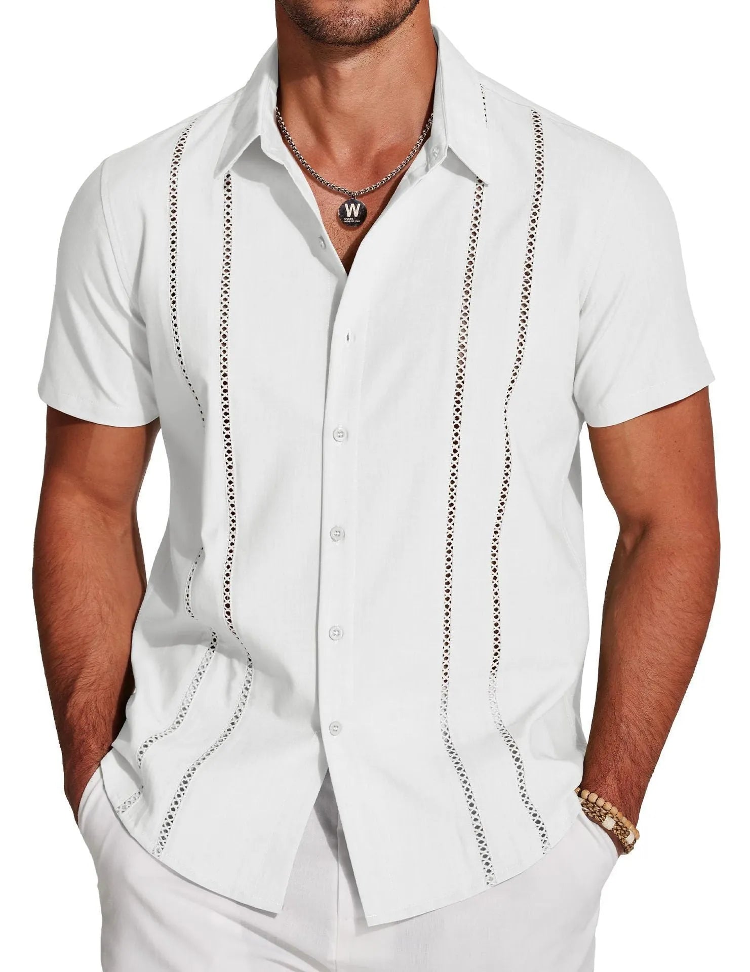 Men's slim fit Hawaiian shirt with digital printing and short sleeves