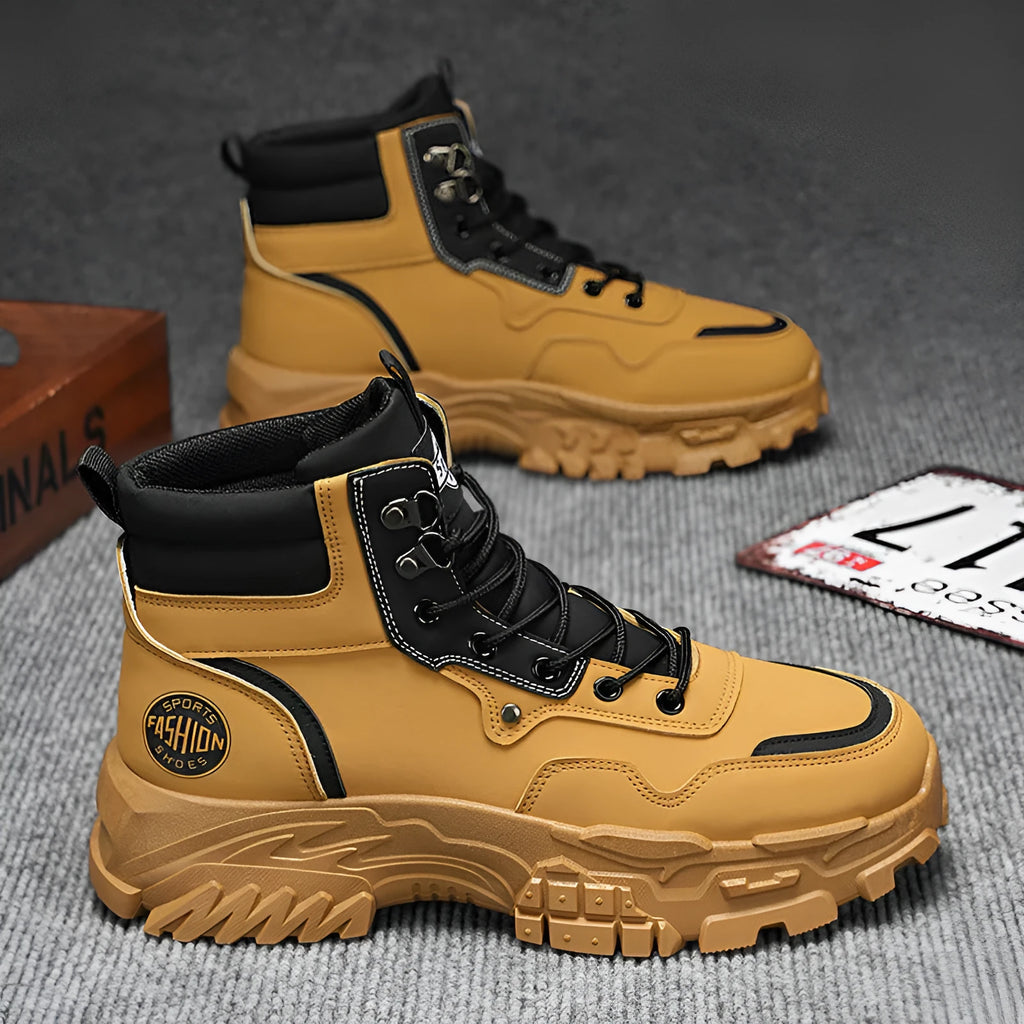 Men's black and yellow Martin work boots with a mid-calf height and injection moulded sole