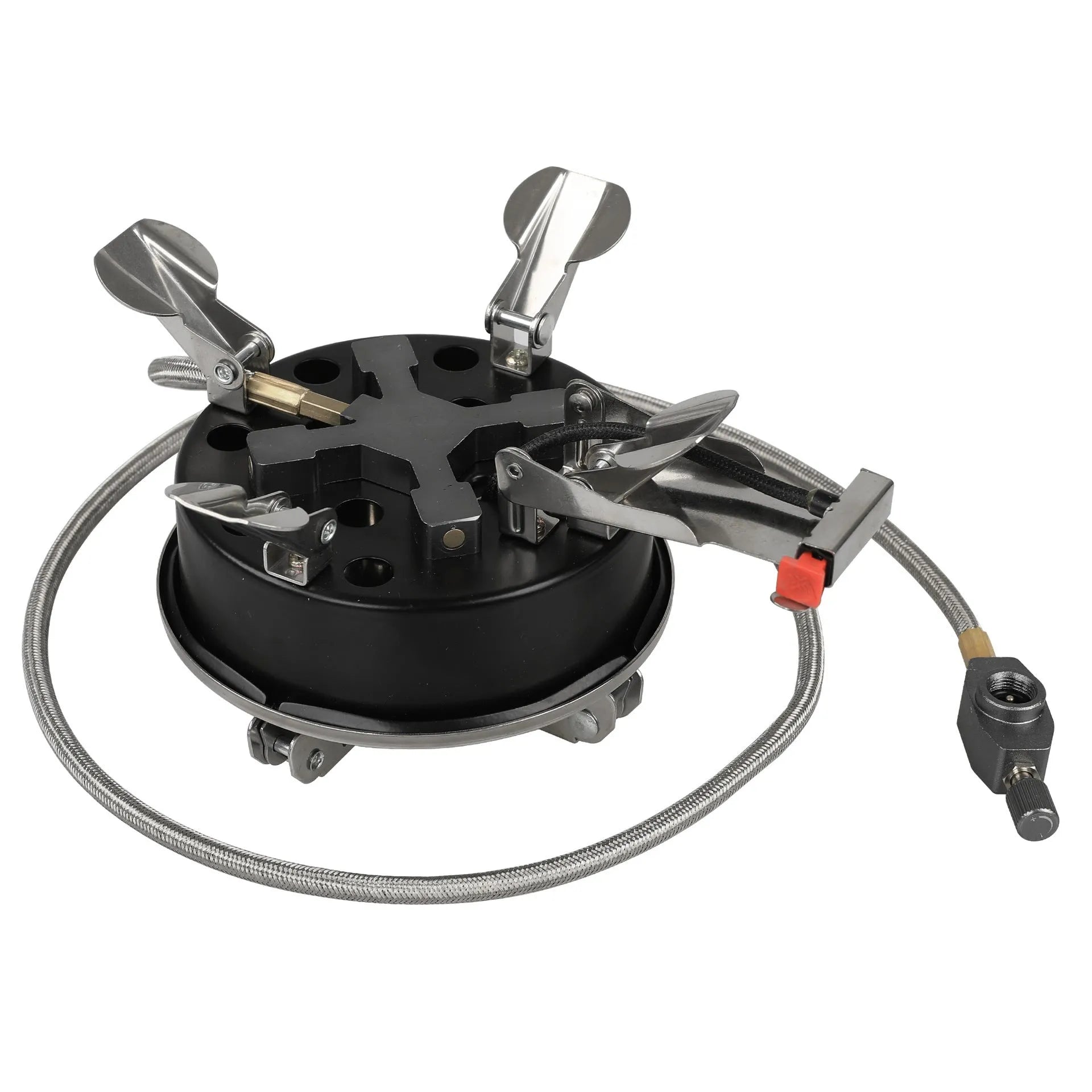 Silver stainless steel and copper portable split camping stove with foldable design and 100cm hose