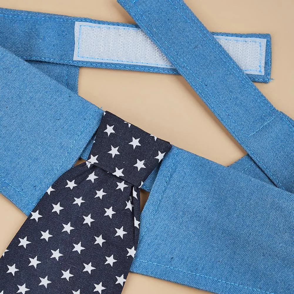 Denim pet collar with star pattern necktie attached, showing adjustable fastener tape and three size options