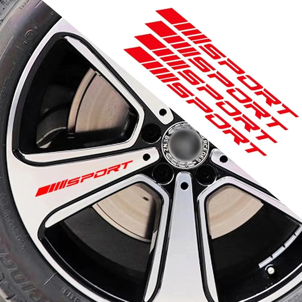 PET hollow sports style car rim sticker in red, shown next to a 10cm ruler for scale.