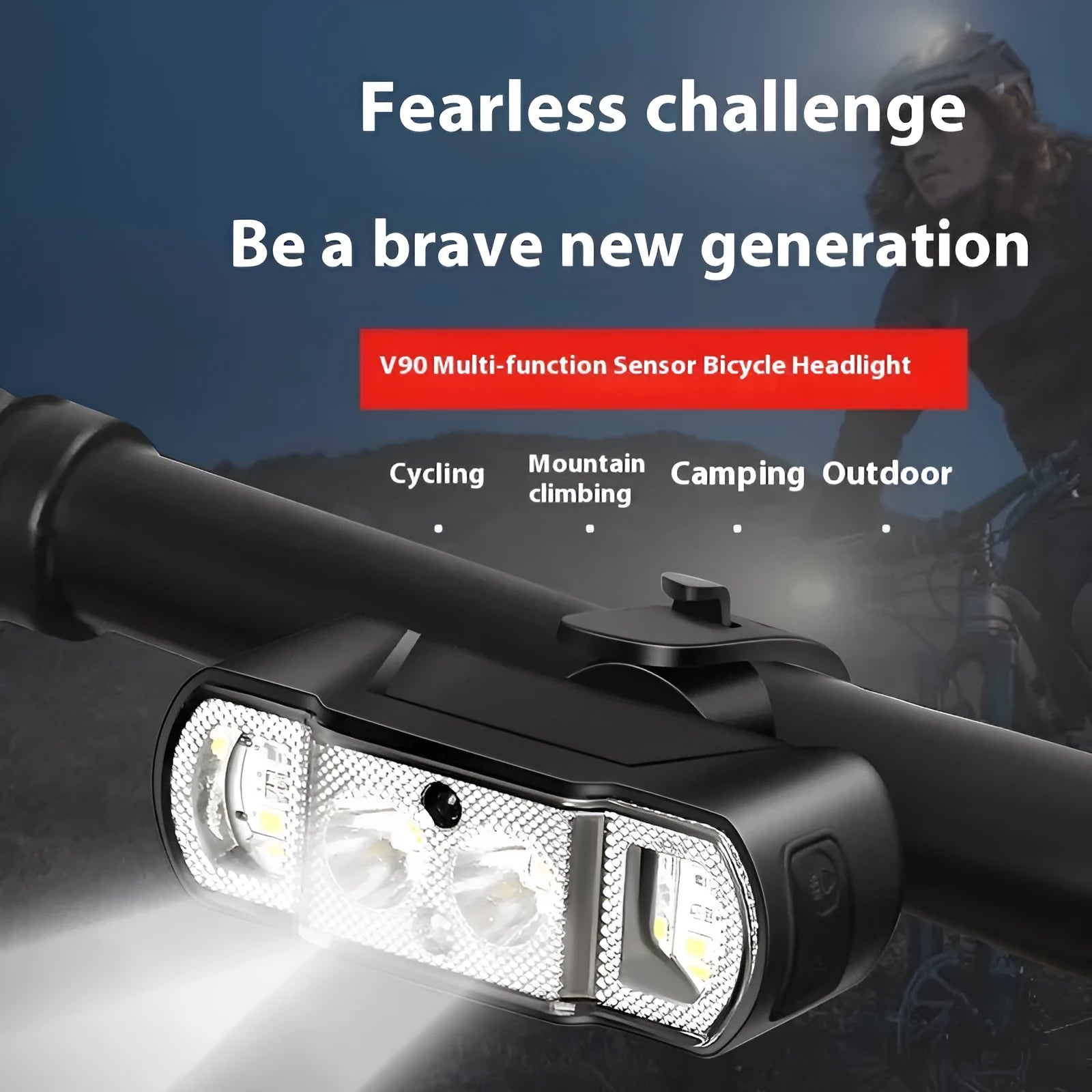 Black ABS bicycle headlight with LED lamp and rechargeable battery for cycling