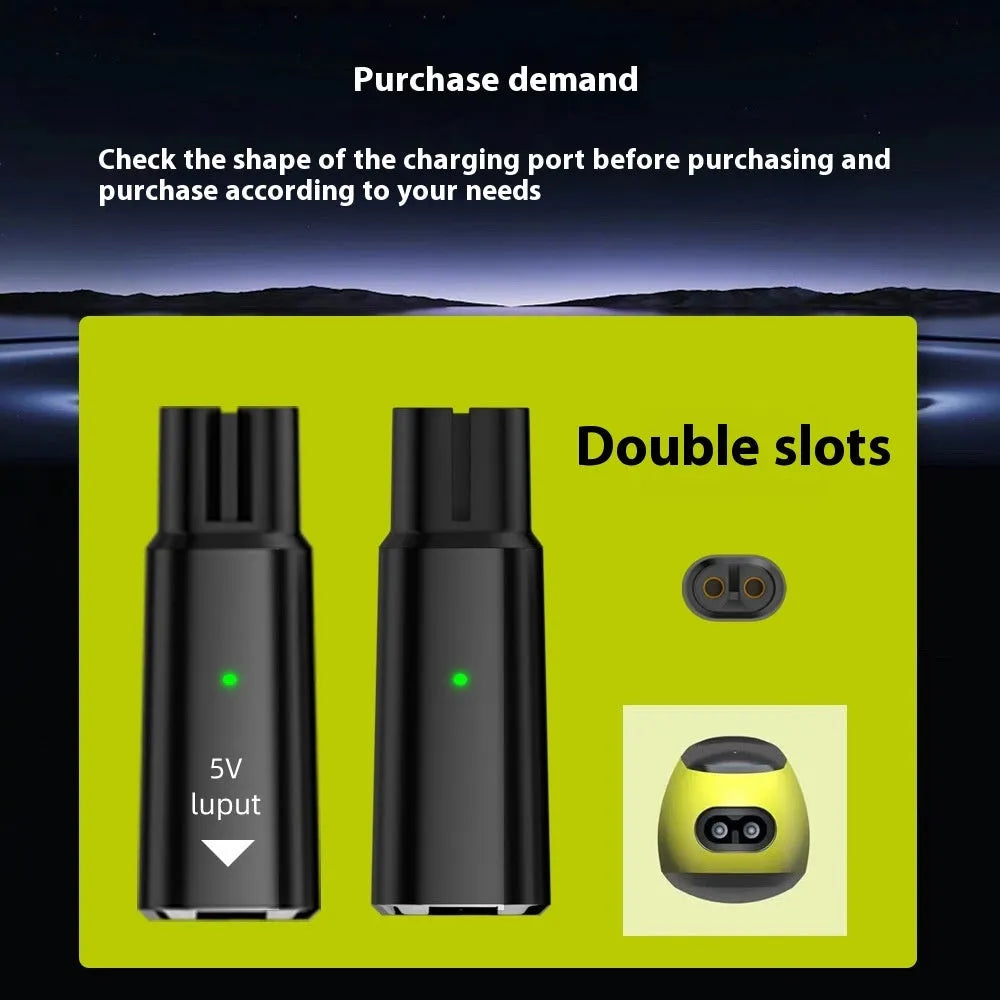 USB-C charging adapter for electric shavers and hair clippers in black or grey aluminium alloy housing