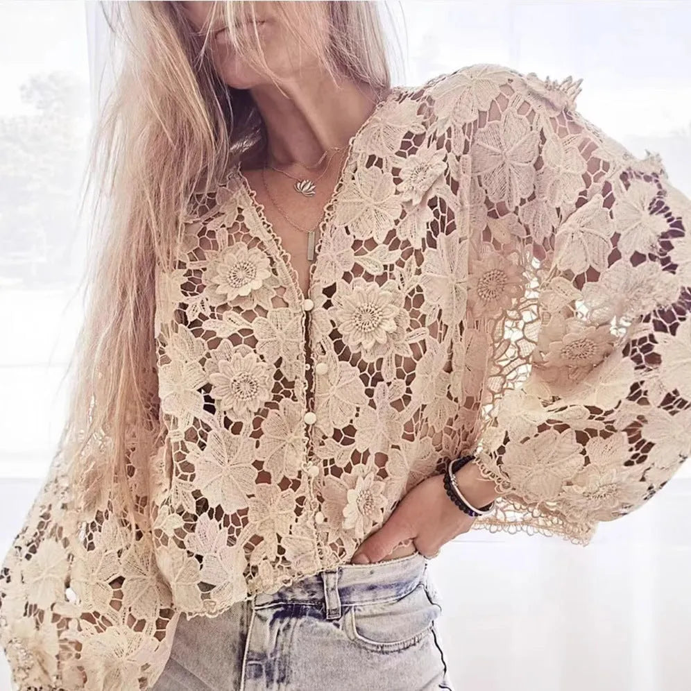 Women's loose black polyester lace cardigan with V-neck and 3D lace flower decoration.