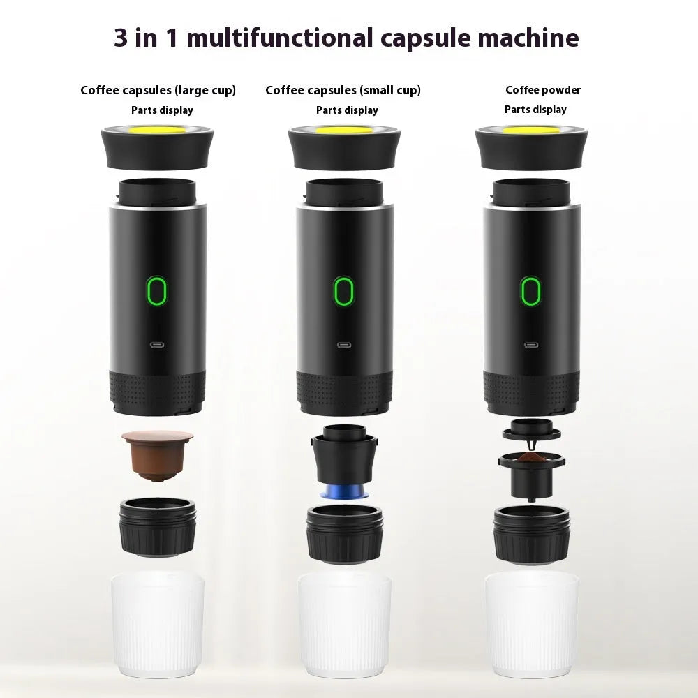 White portable 3-in-1 espresso machine 60ml with Type-C charging and capsule compartment