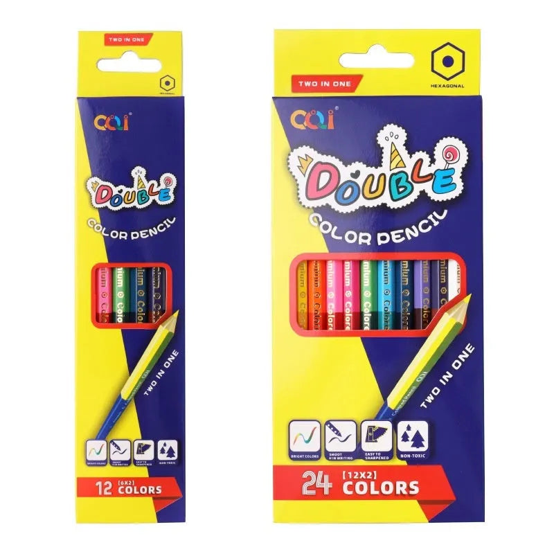 Wooden double head colour pencil set showing two different colour leads on each pencil