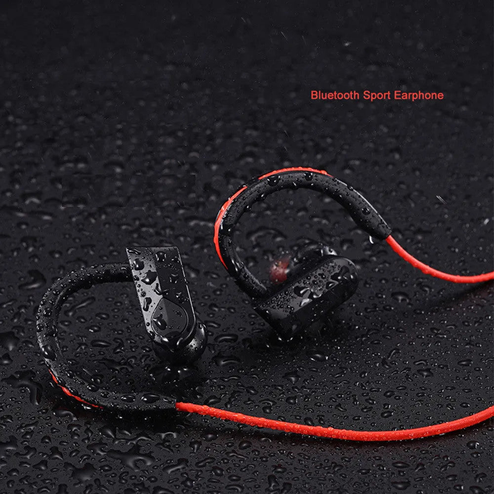 Wireless neckband Bluetooth earphones in black, blue and red colours showing neckband design