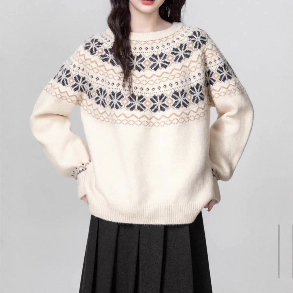 Women's milky white Fair Isle patterned knitted pullover sweater with a crew neck and long sleeves.
