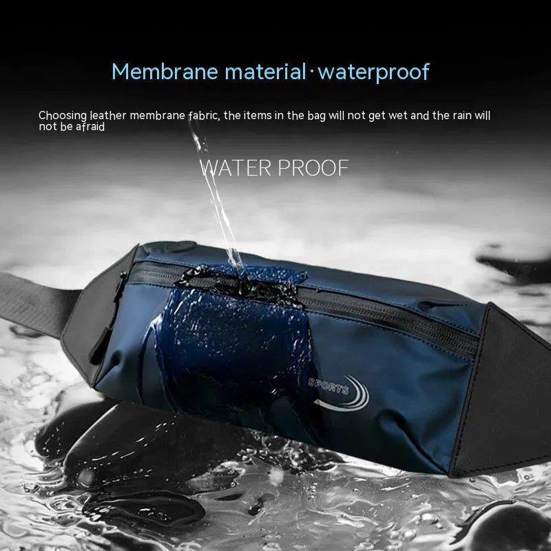 Men's black waterproof sports waist bag with adjustable strap, shown with dimensions 45cm by 10cm.