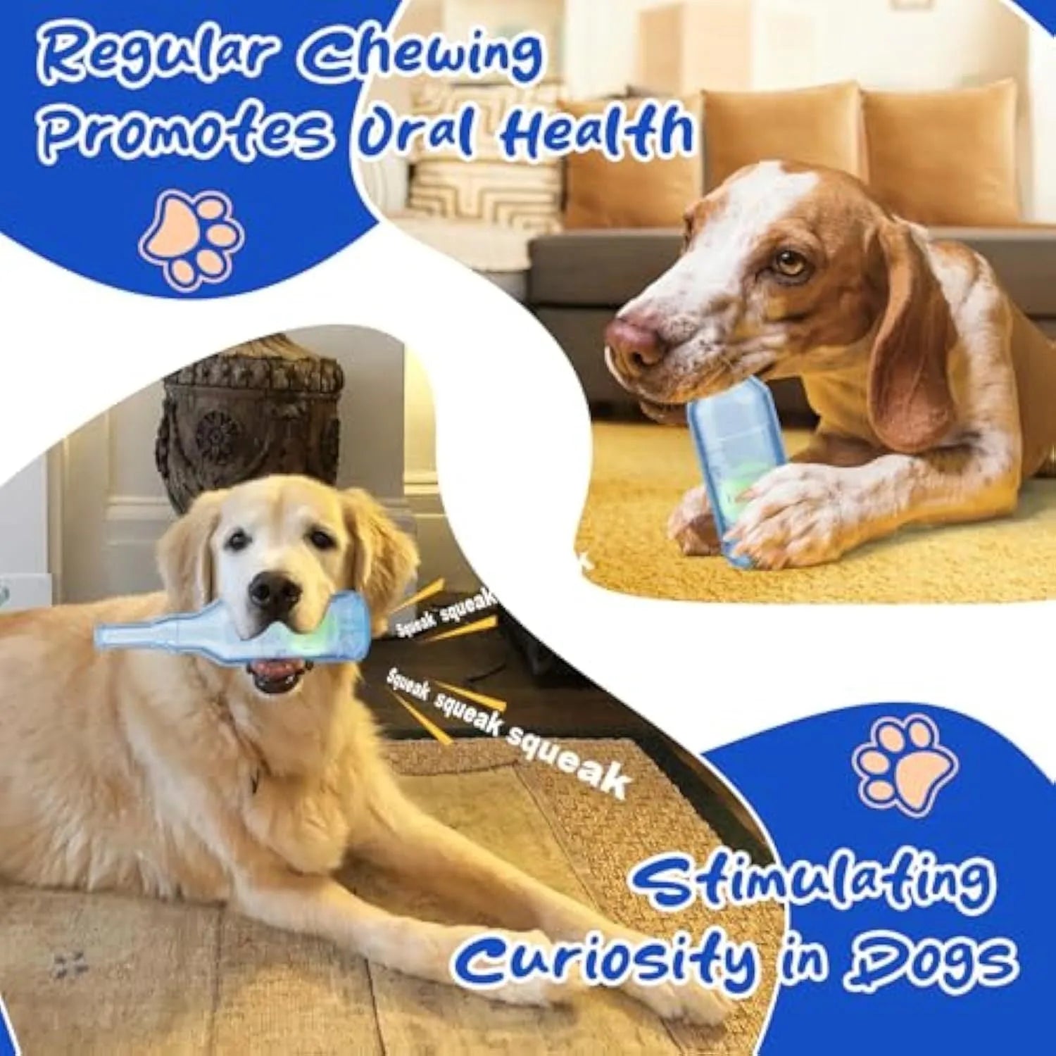 Blue natural rubber water bottle dog toy with squeaker tail for aggressive chewers