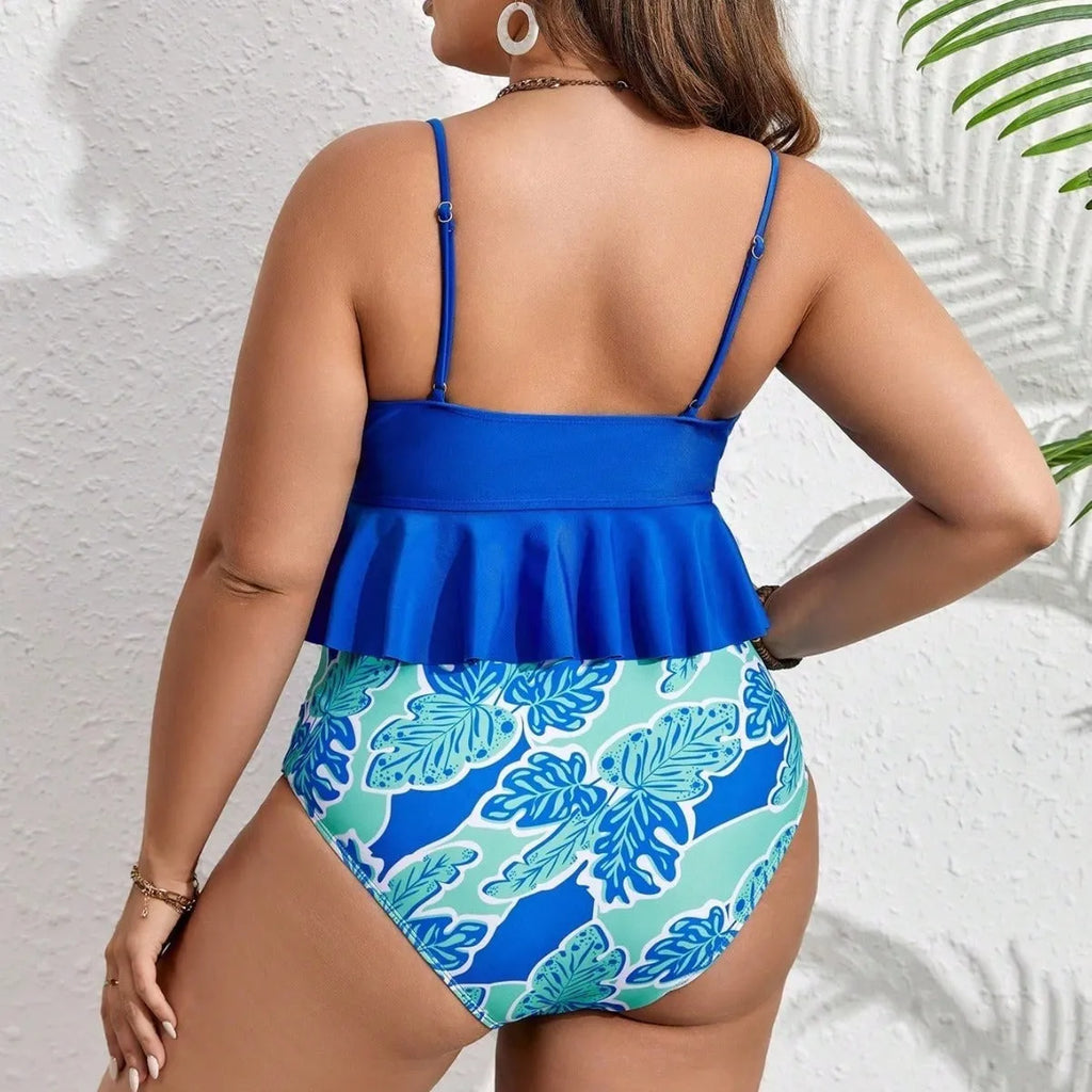 Blue polyester bikini swimsuit set with briefs style top and shorts