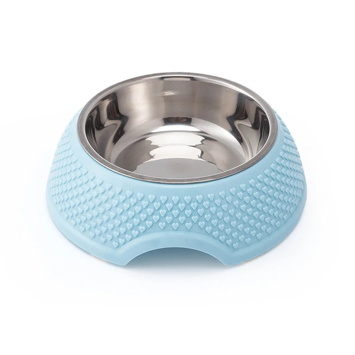 Blue stainless steel pet bowl with non-slip base for cats and dogs on a kitchen floor.