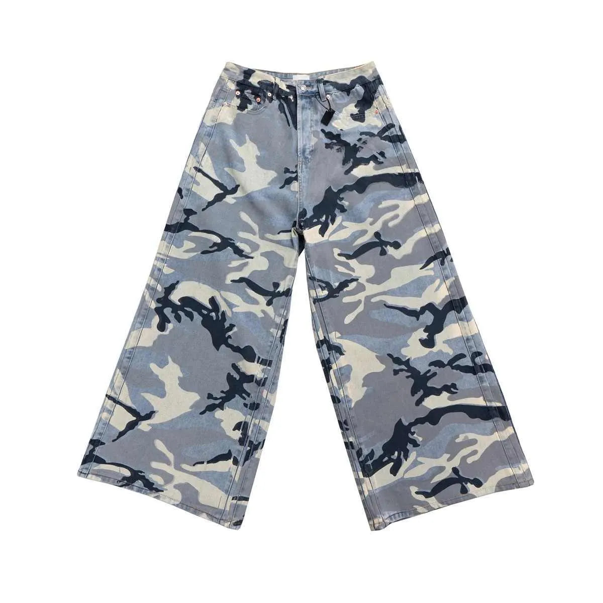 Snow camouflage blue loose fit jeans with cotton elastic denim construction and mid-waist design