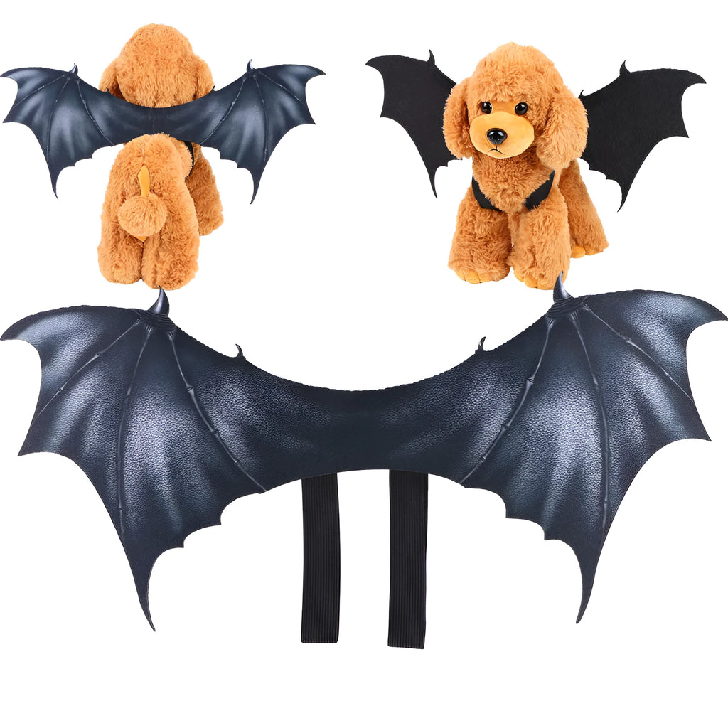 Black cloth Halloween bat wings for pets showing three size options: 64cm, 55cm, and 40cm wing spans