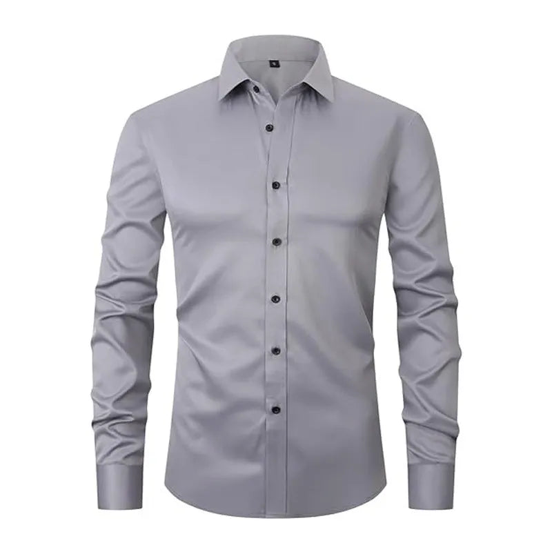 Men's polyester stretch long sleeve work shirt shown in multiple colour options with size chart