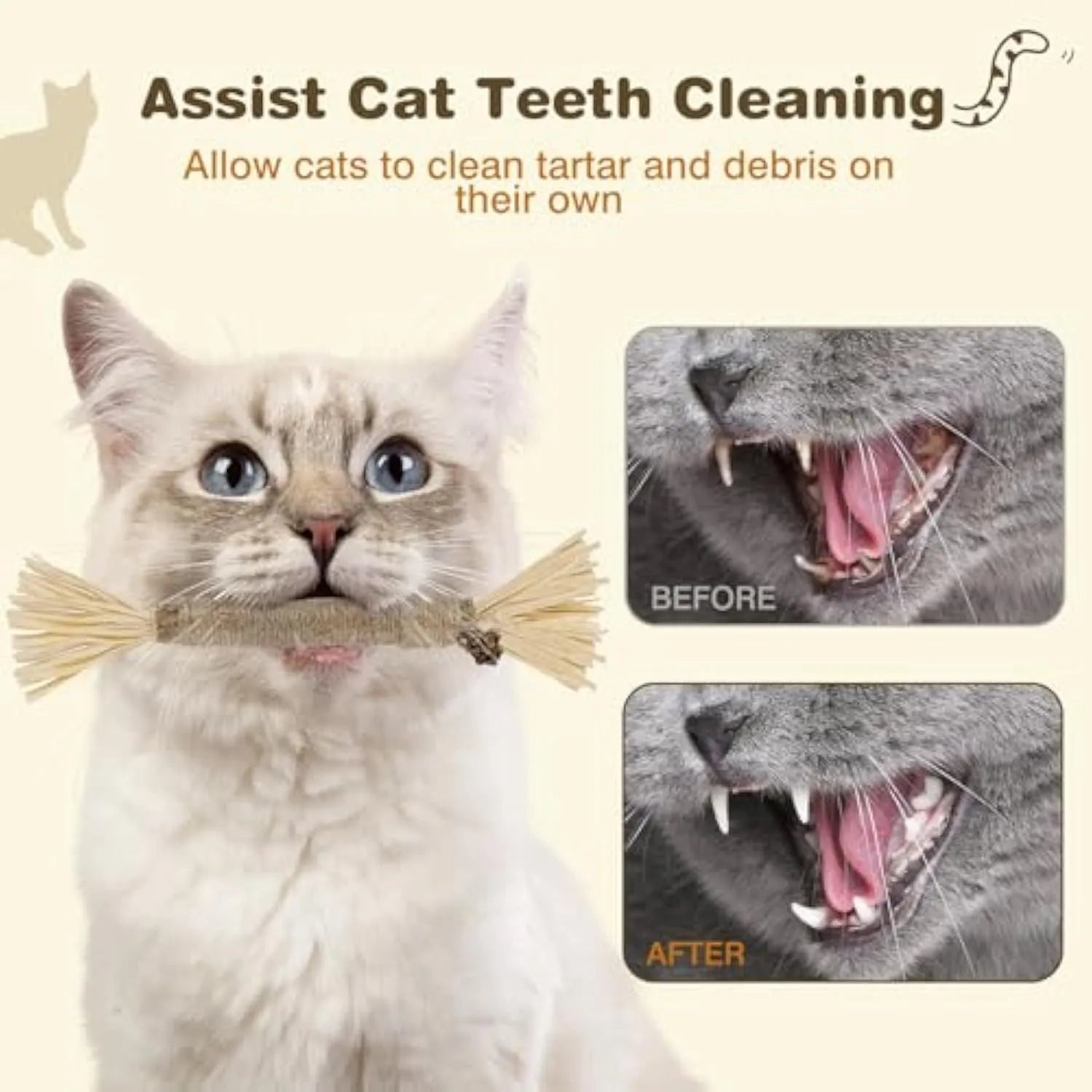 3 natural silvervine dental sticks for cats with sisal rope and raffia, thick and fine diameter options