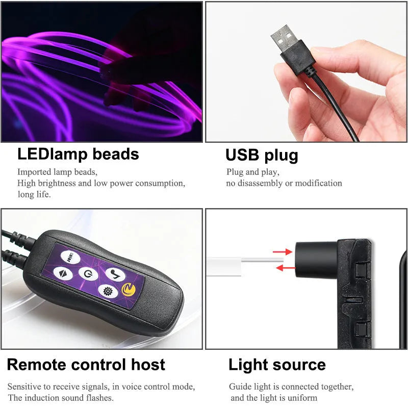 Flexible PVC USB car LED ambient light strip for dashboard and centre console colour-changing decoration.